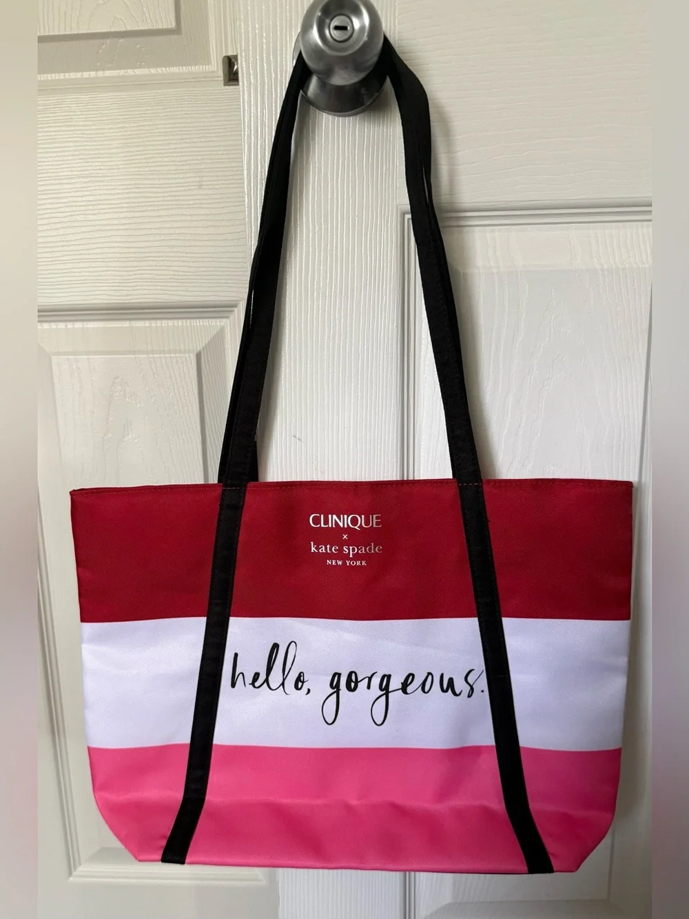 kate spade Red, White & Pink Striped Tote with Black Straps